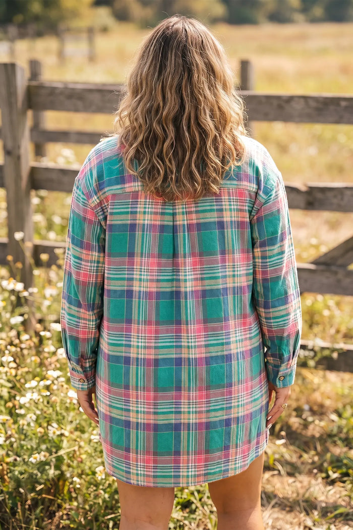 Plaid Button-Up Shift Long Sleeve V Neck Plus Size Dress – Green