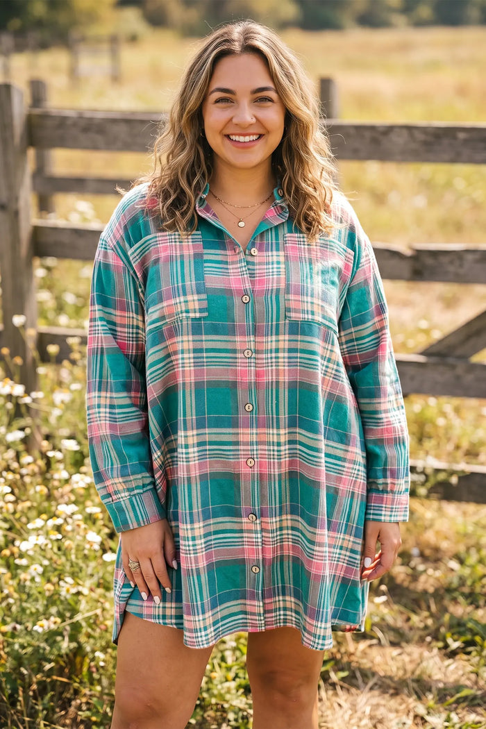 Plaid Button-Up Shift Long Sleeve V Neck Plus Size Dress – Green