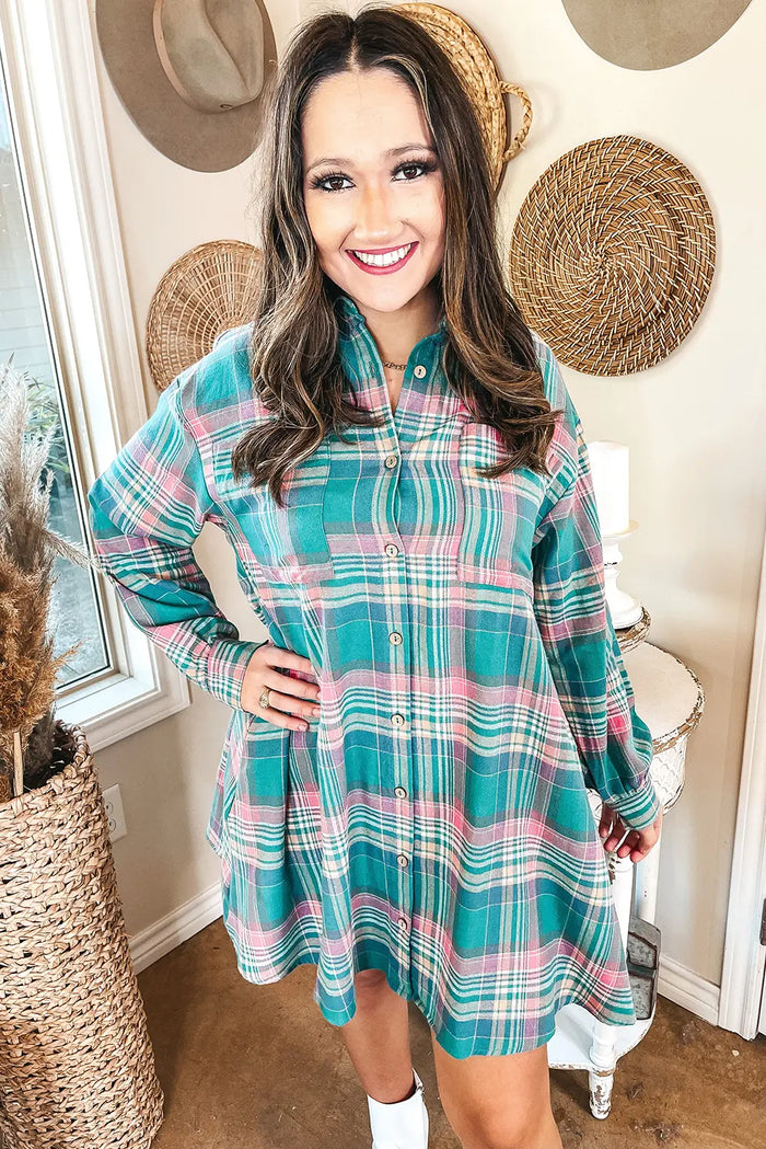 Plaid Button-Up Shift Long Sleeve V Neck Plus Size Dress – Green