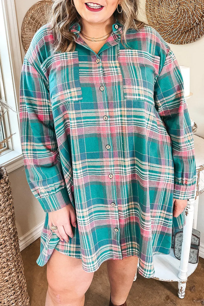 Plaid Button-Up Shift Long Sleeve V Neck Plus Size Dress – Green