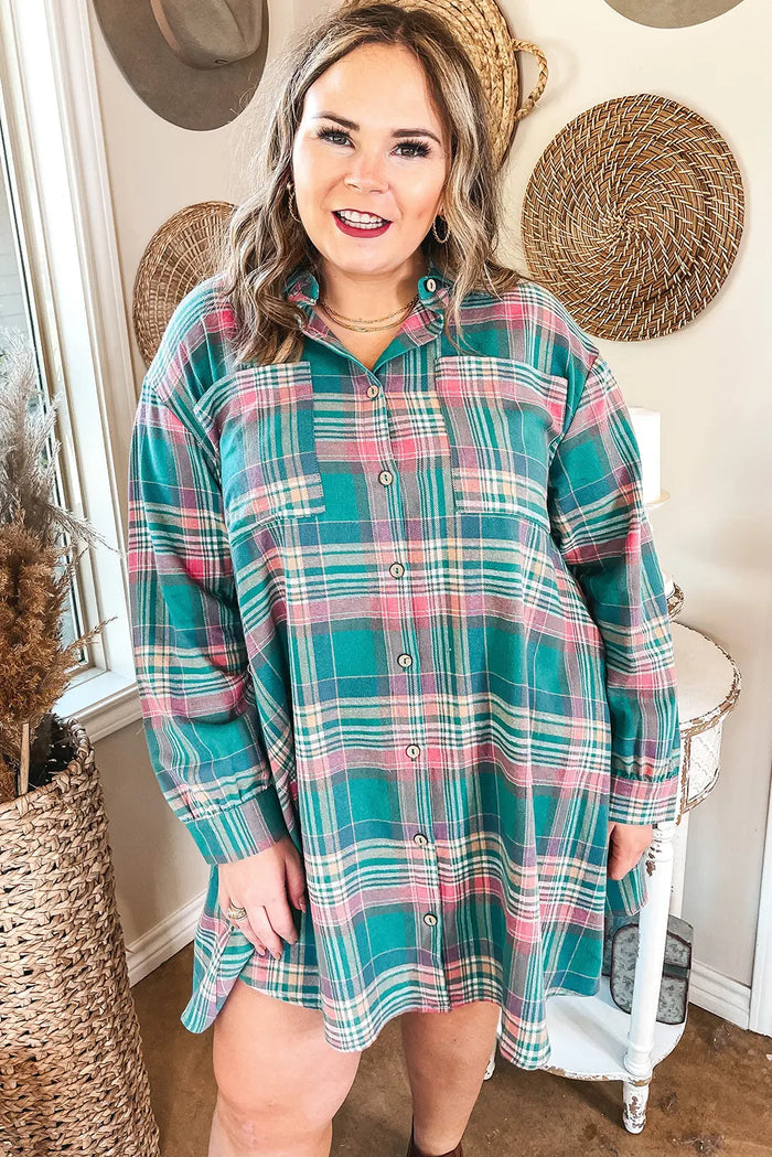 Plaid Button-Up Shift Long Sleeve V Neck Plus Size Dress – Green