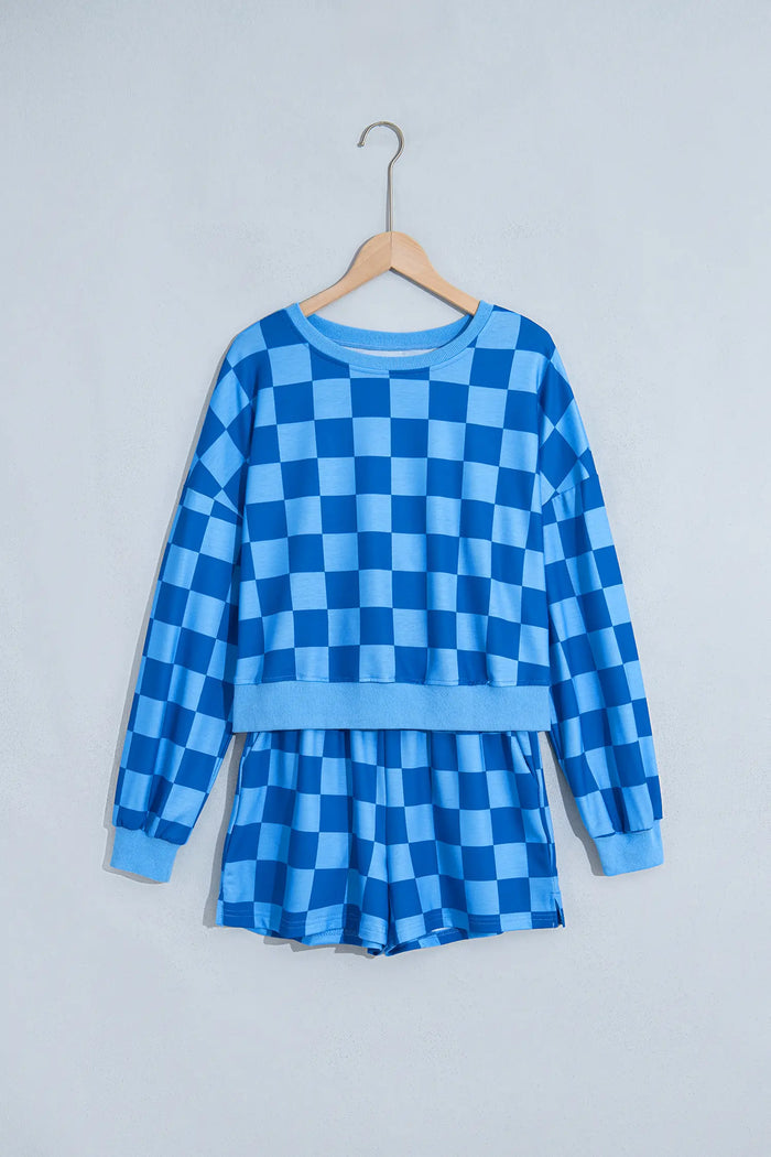 Plaid Checkered Long Sleeve Crop Top Elastic Waist Shorts Two Piece Set – Dark Blue
