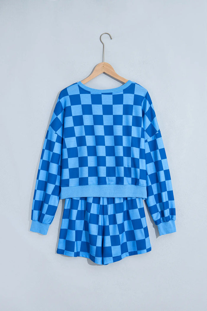 Plaid Checkered Long Sleeve Crop Top Elastic Waist Shorts Two Piece Set – Dark Blue