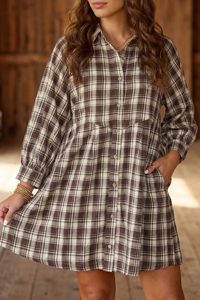 Plaid Long Sleeve Short Shift Mini Dress – Brown