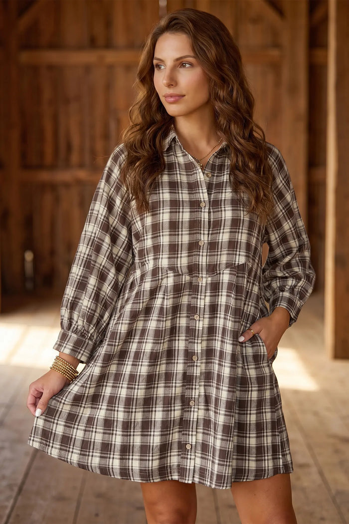 Plaid Long Sleeve Short Shift Mini Dress – Brown