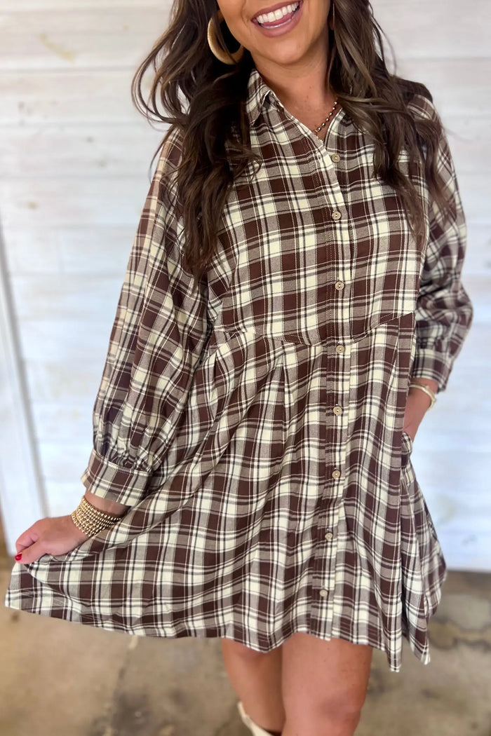Plaid Long Sleeve Short Shift Mini Dress – Brown