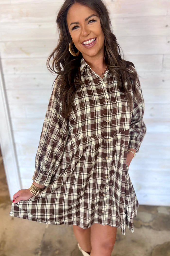 Plaid Long Sleeve Short Shift Mini Dress – Brown