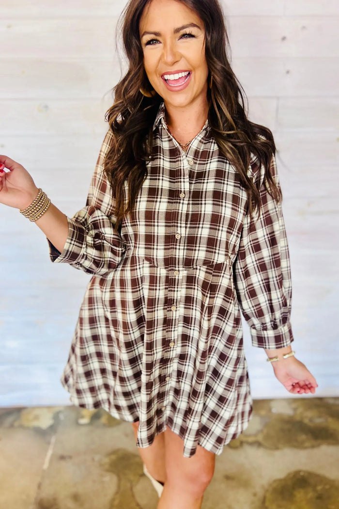 Plaid Long Sleeve Short Shift Mini Dress – Brown