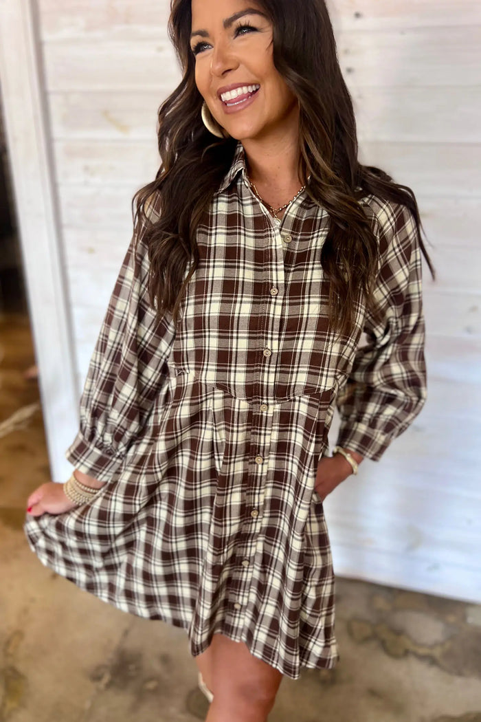 Plaid Long Sleeve Short Shift Mini Dress – Brown