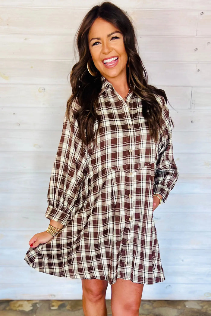 Plaid Long Sleeve Short Shift Mini Dress – Brown