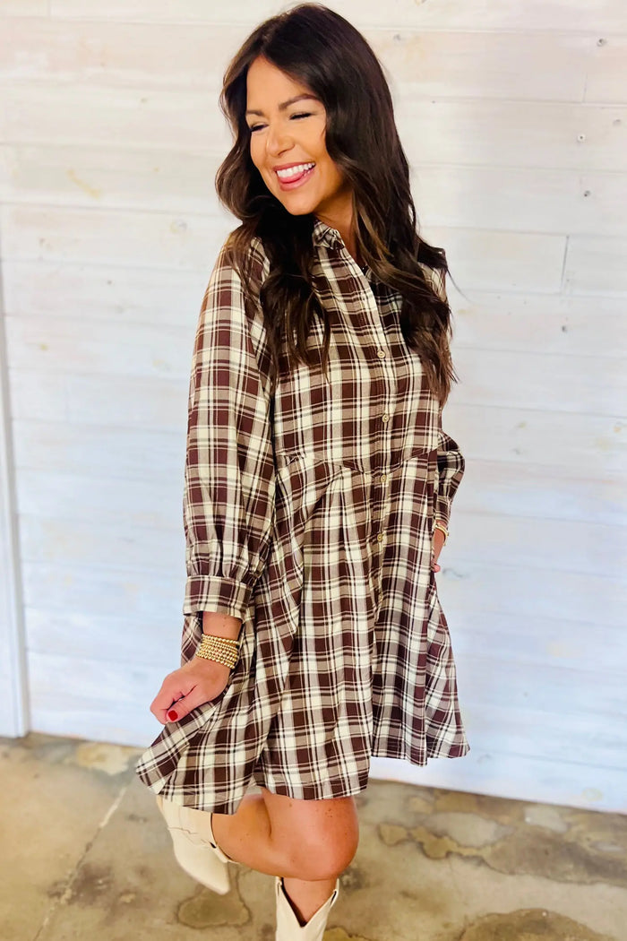 Plaid Long Sleeve Short Shift Mini Dress – Brown