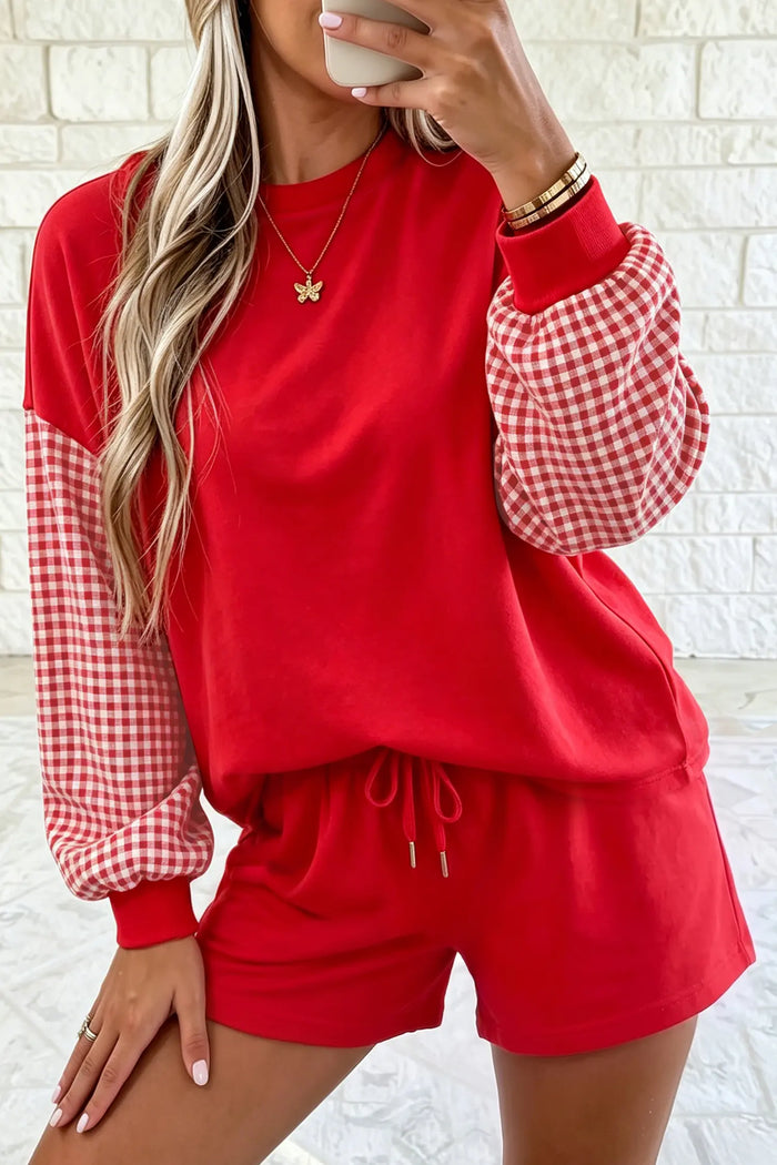 Plaid Patchwork Long Sleeve Top Solid Drawstring Shorts Set – Red