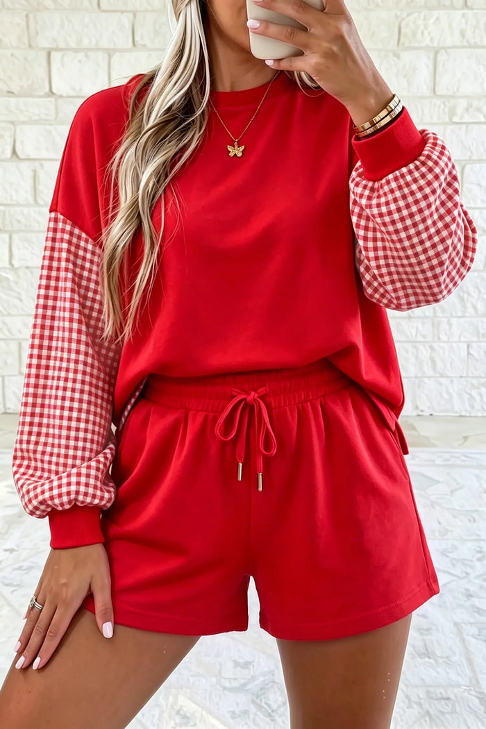 Plaid Patchwork Long Sleeve Top Solid Drawstring Shorts Set – Red