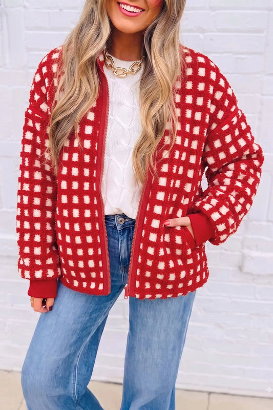 Plaid Zip-up Long Sleeve Jacket – Fiery Red