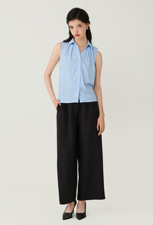 Pleated Neck Sleeveless Button-Down
