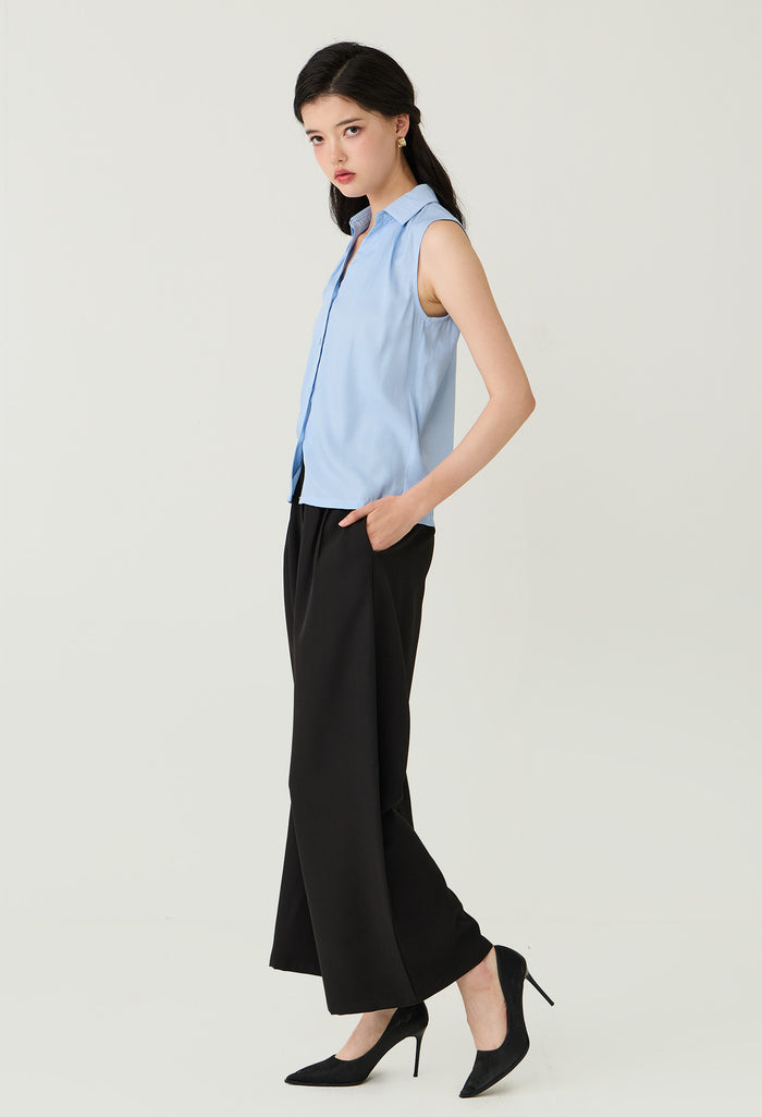 Pleated Neck Sleeveless Button-Down