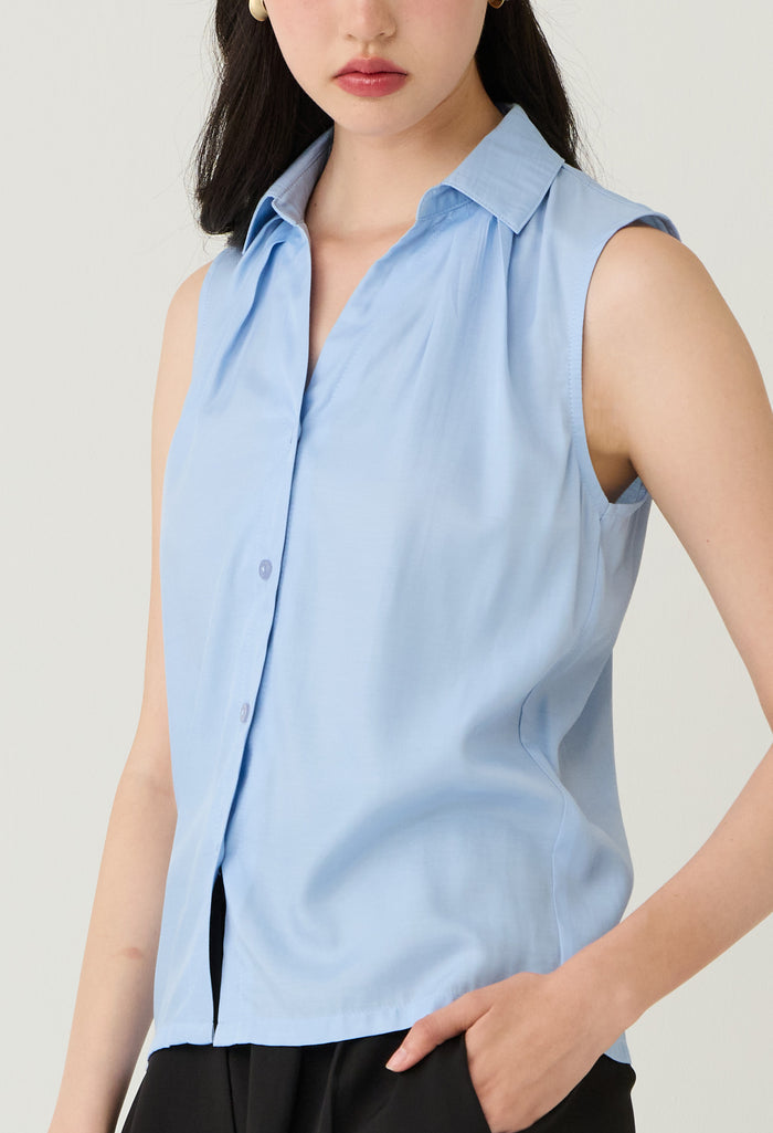 Pleated Neck Sleeveless Button-Down