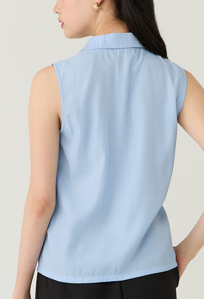 Pleated Neck Sleeveless Button-Down
