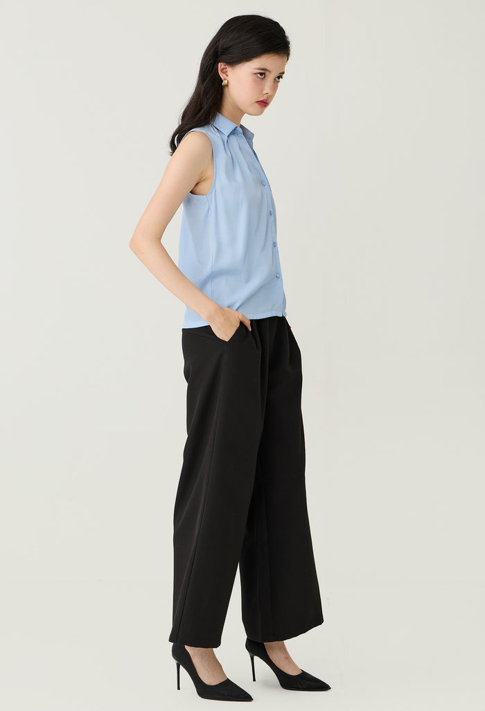 Pleated Neck Sleeveless Button-Down