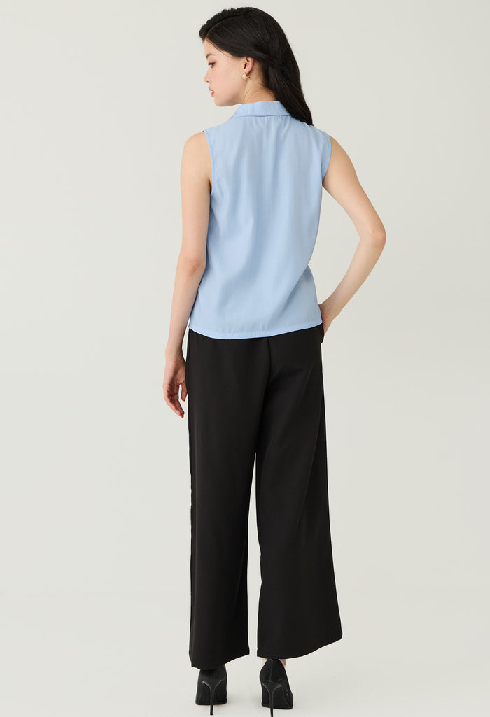 Pleated Neck Sleeveless Button-Down