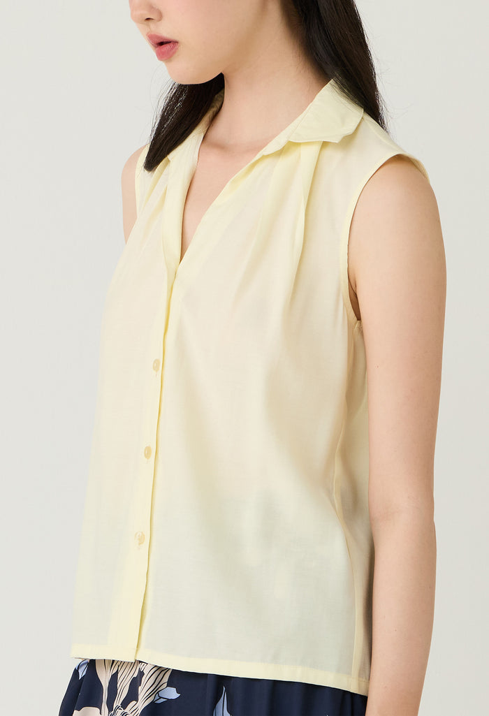 Pleated Neck Sleeveless Button-Down