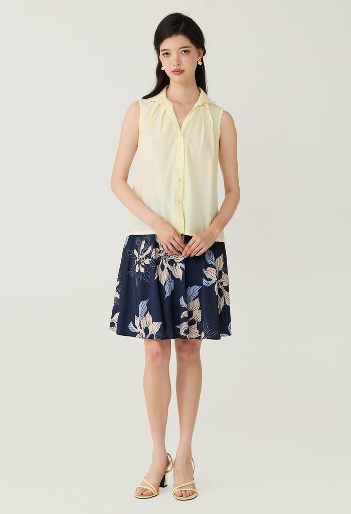 Pleated Neck Sleeveless Button-Down