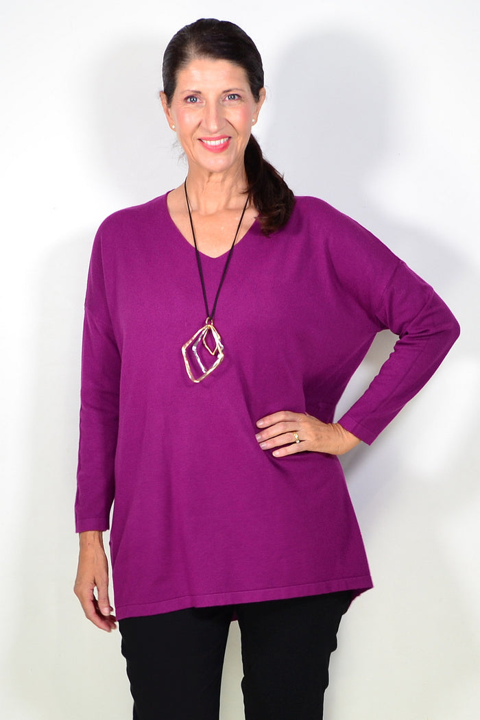 Cali&Co plum wine wool blend knit tunic top with long sleeves and a relaxed fit, displayed on a white background.