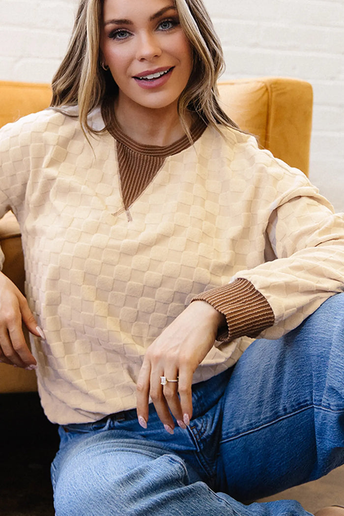 Plush Checkered Contrast Twisted Rib Long Sleeve Top – Parchment