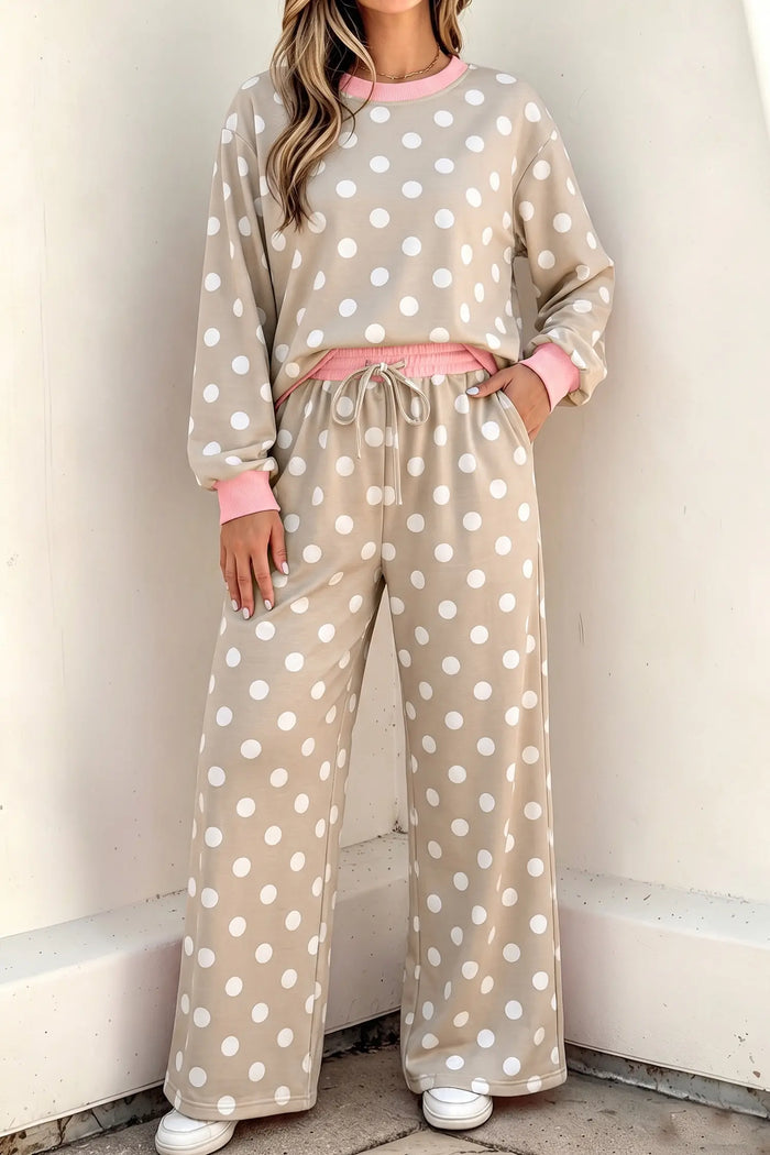 Polka Dot Contrast Trim Long Sleeve Top Drawstring Shift Pants Set – Khaki