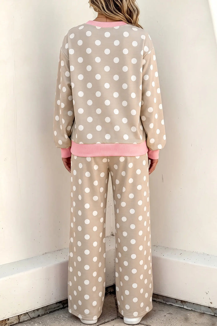 Polka Dot Contrast Trim Long Sleeve Top Drawstring Shift Pants Set – Khaki
