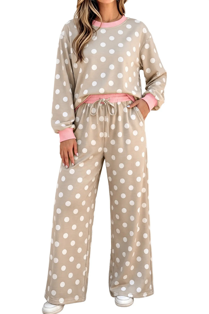 Polka Dot Contrast Trim Long Sleeve Top Drawstring Shift Pants Set – Khaki
