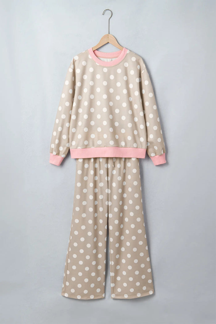 Polka Dot Contrast Trim Long Sleeve Top Drawstring Shift Pants Set – Khaki