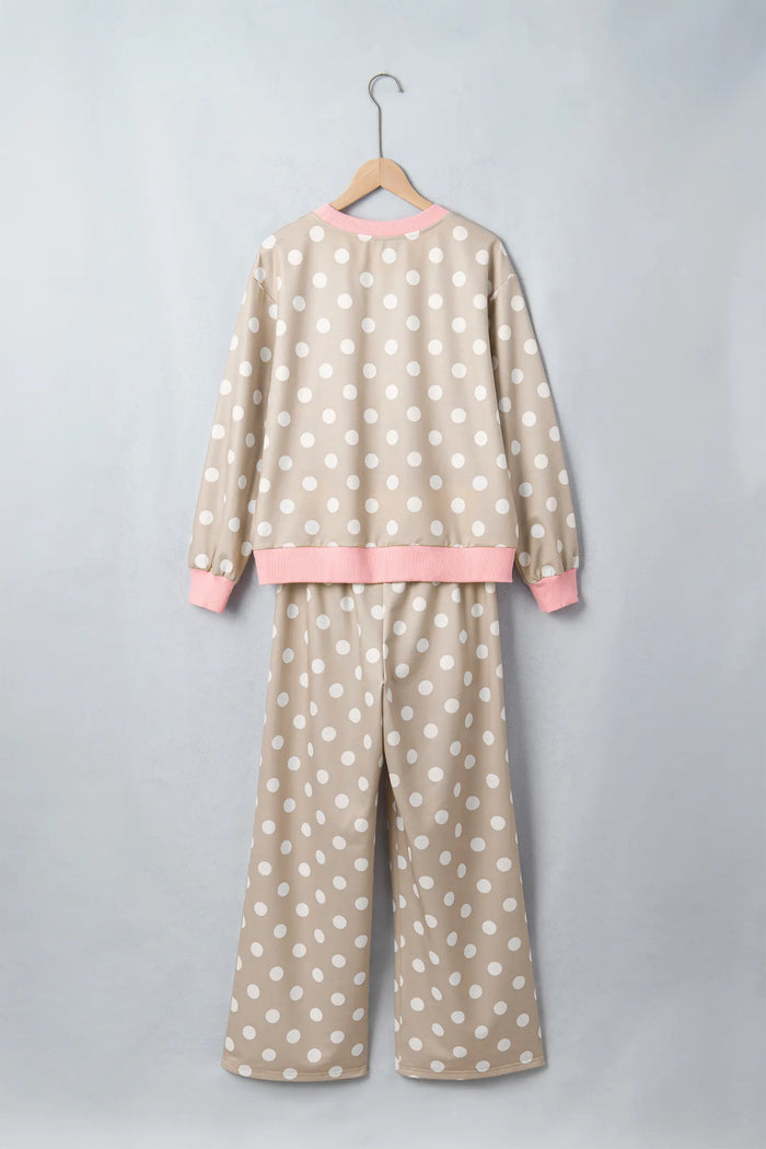 Polka Dot Contrast Trim Long Sleeve Top Drawstring Shift Pants Set – Khaki
