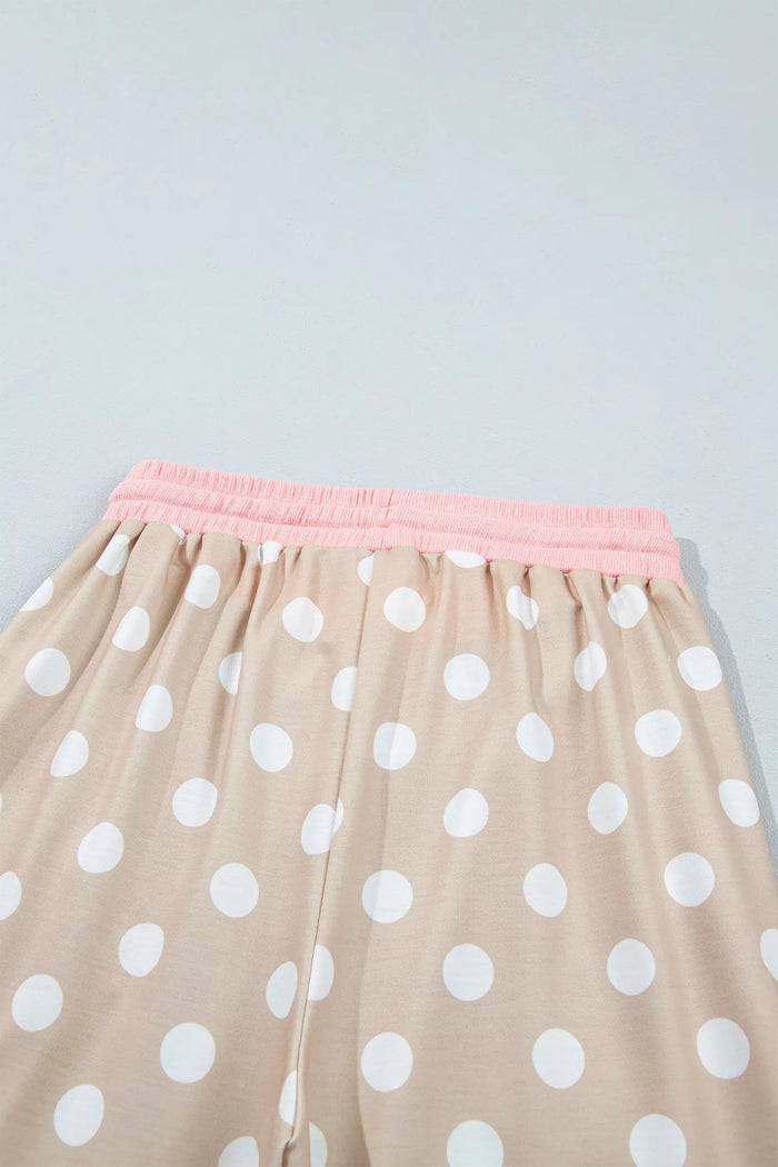 Polka Dot Contrast Trim Long Sleeve Top Drawstring Shift Pants Set – Khaki