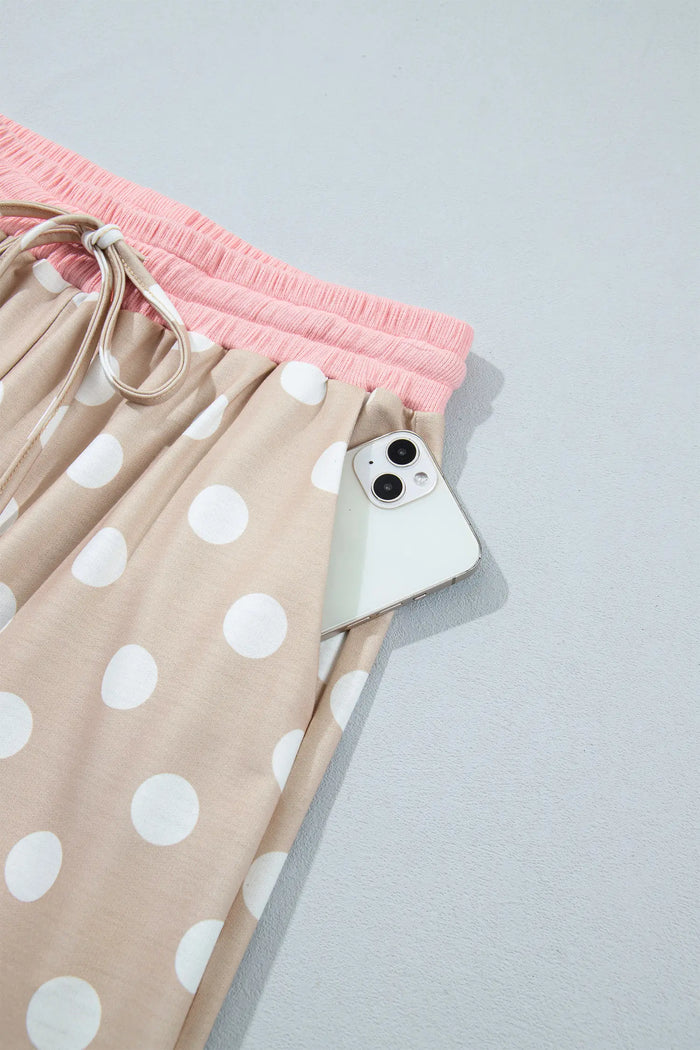 Polka Dot Contrast Trim Long Sleeve Top Drawstring Shift Pants Set – Khaki