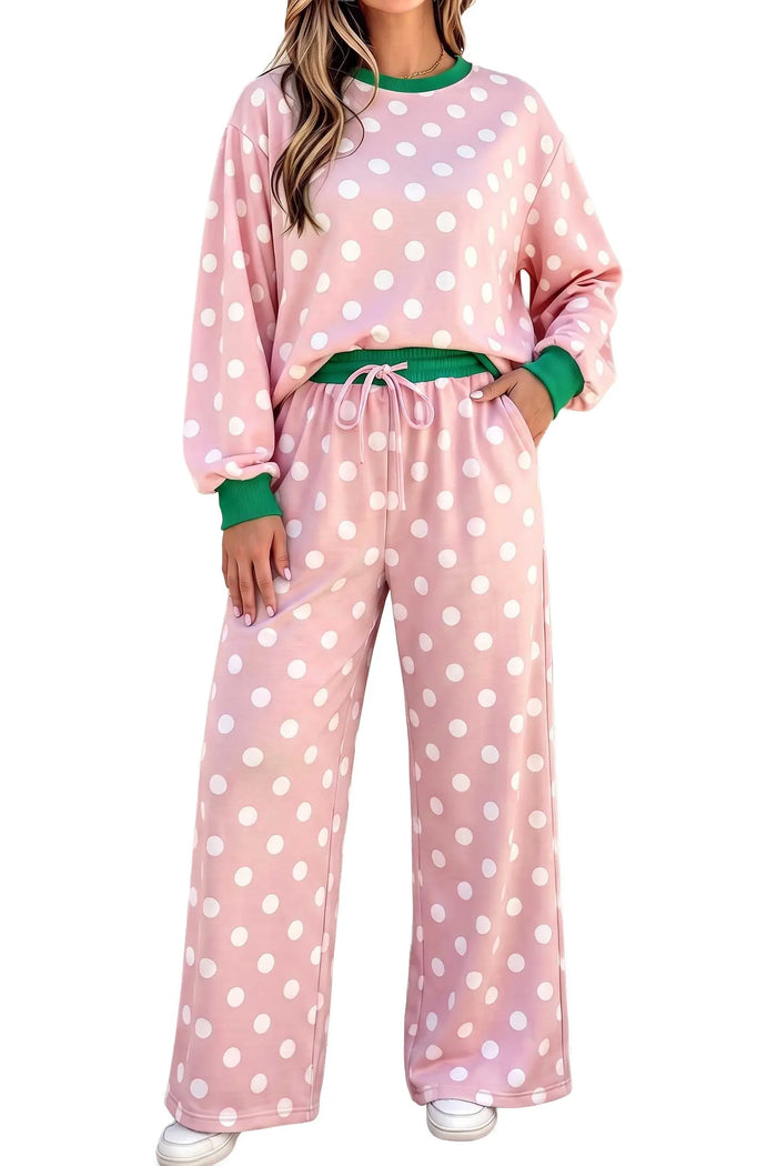 Polka Dot Contrast Trim Long Sleeve Top Drawstring Shift Pants Set – Pink