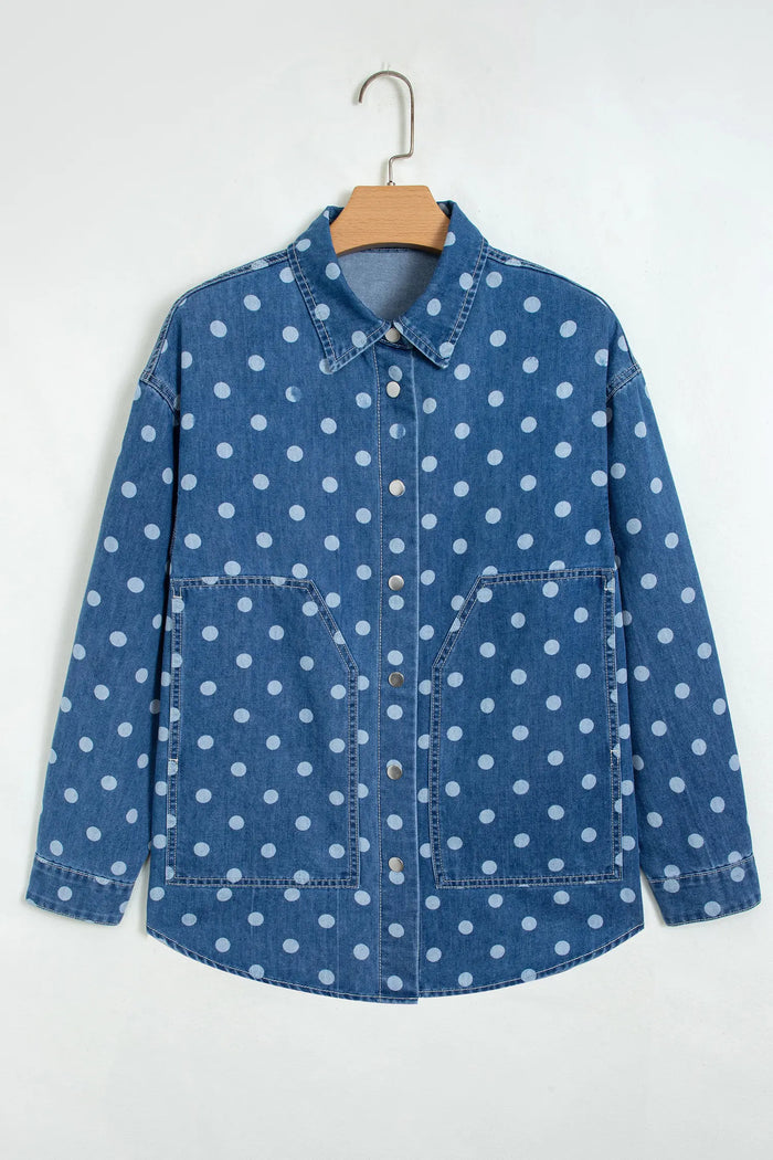 Polka Dot Long Sleeve Collar Shift Tunic Denim Jacket – Blue