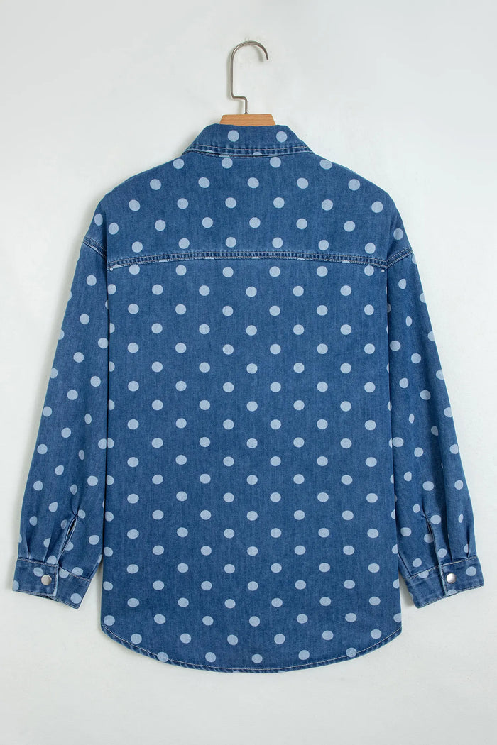 Polka Dot Long Sleeve Collar Shift Tunic Denim Jacket – Blue