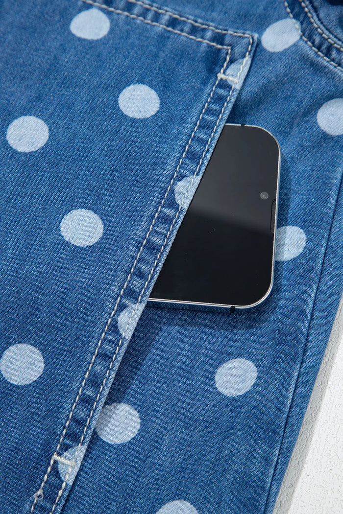 Polka Dot Long Sleeve Collar Shift Tunic Denim Jacket – Blue