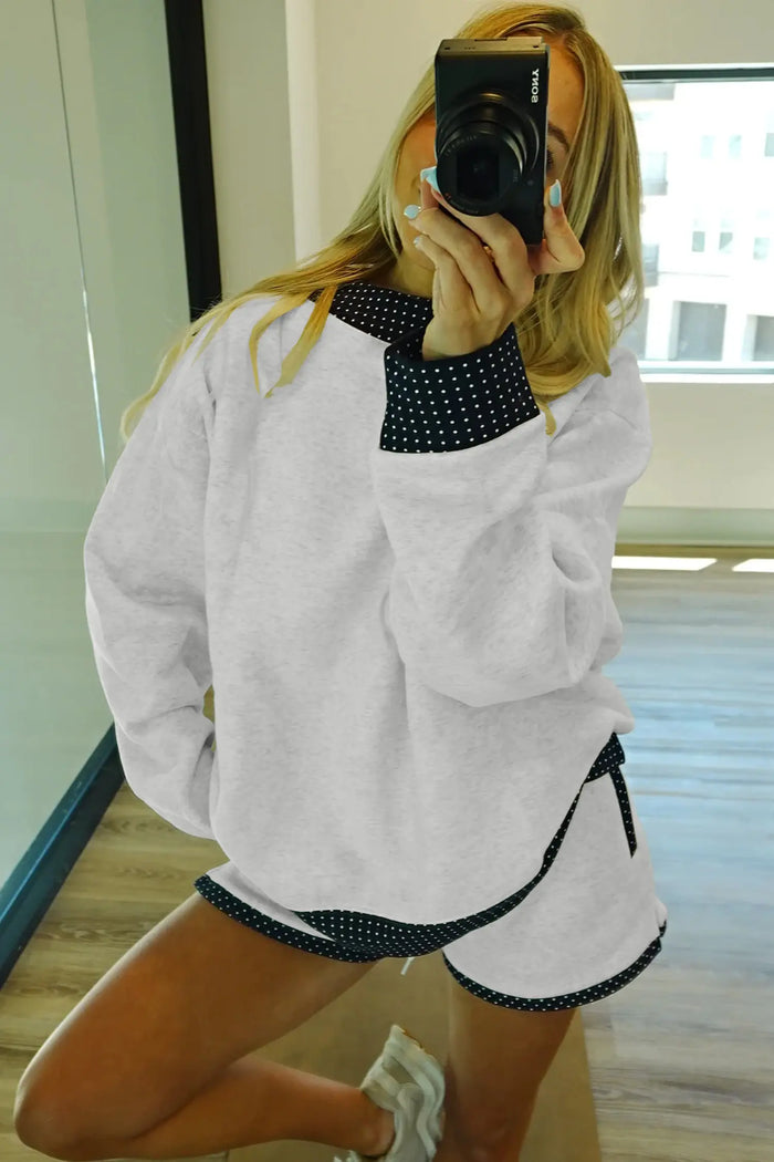 Polka Dot Patchwork Mock Neck Pullover Casual Shorts Set – Light Grey