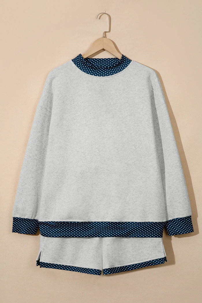 Polka Dot Patchwork Mock Neck Pullover Casual Shorts Set – Light Grey