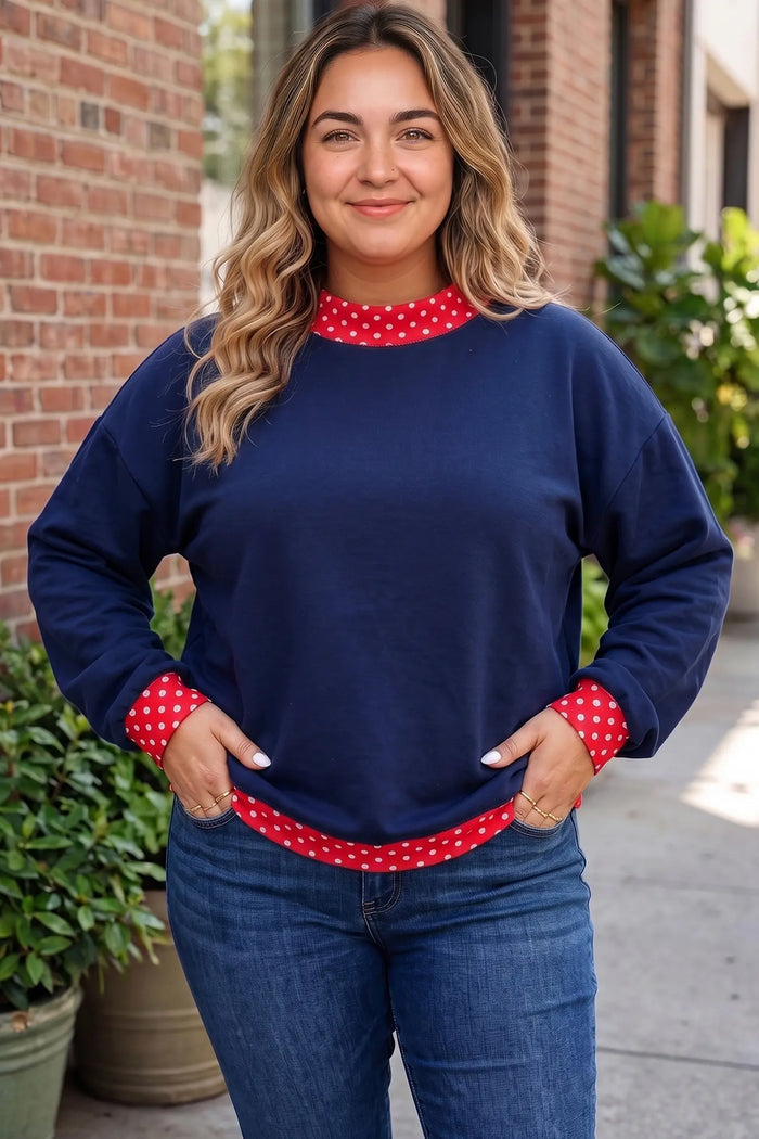 Polka Dot Patchwork Round Neck Plus Size Sweatshirt – Racing Red