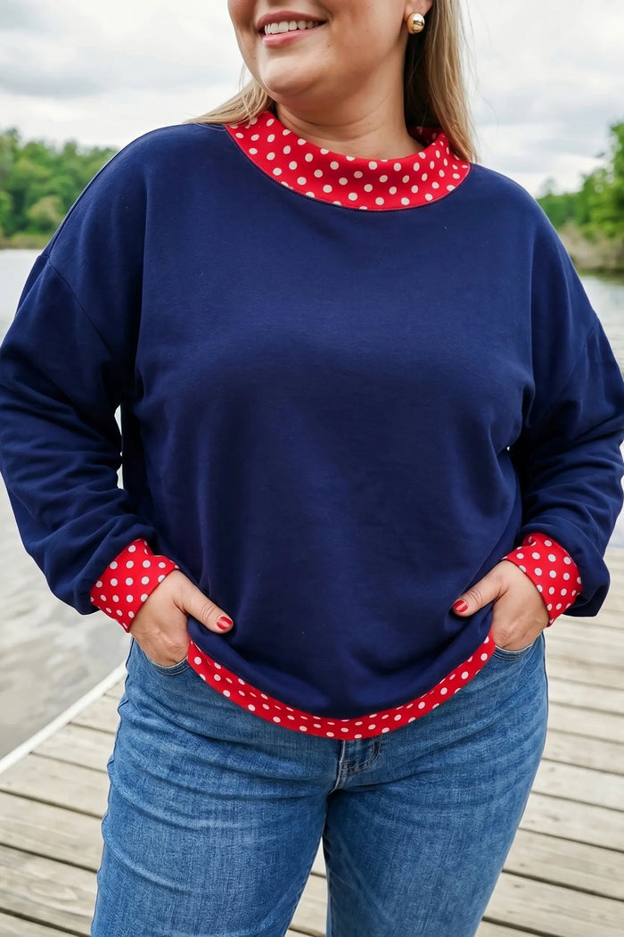 Polka Dot Patchwork Round Neck Plus Size Sweatshirt – Racing Red