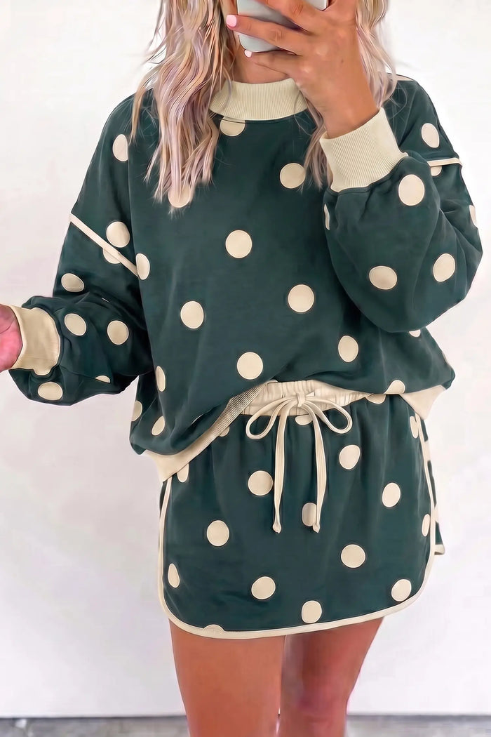 Polka Dot Print Color Block Trim Baggy Pullover Drawstring Skirt 2pcs Set – Green