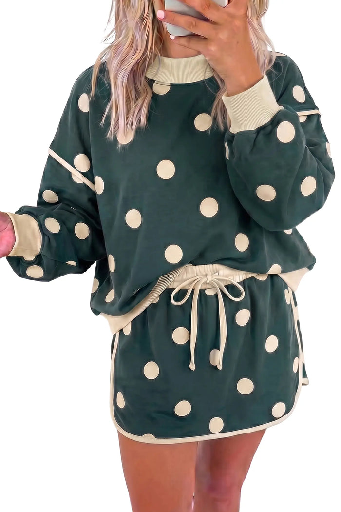 Polka Dot Print Color Block Trim Baggy Pullover Drawstring Skirt 2pcs Set – Green