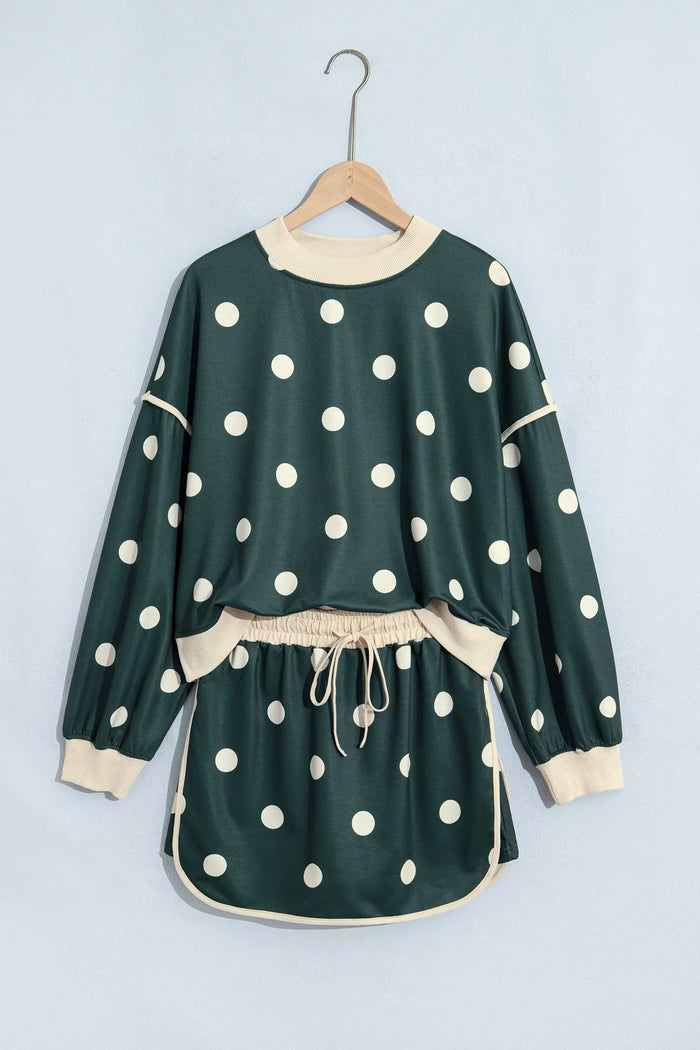 Polka Dot Print Color Block Trim Baggy Pullover Drawstring Skirt 2pcs Set – Green