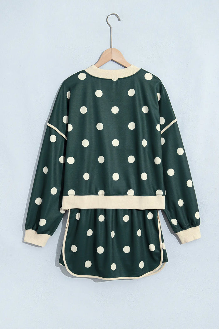 Polka Dot Print Color Block Trim Baggy Pullover Drawstring Skirt 2pcs Set – Green