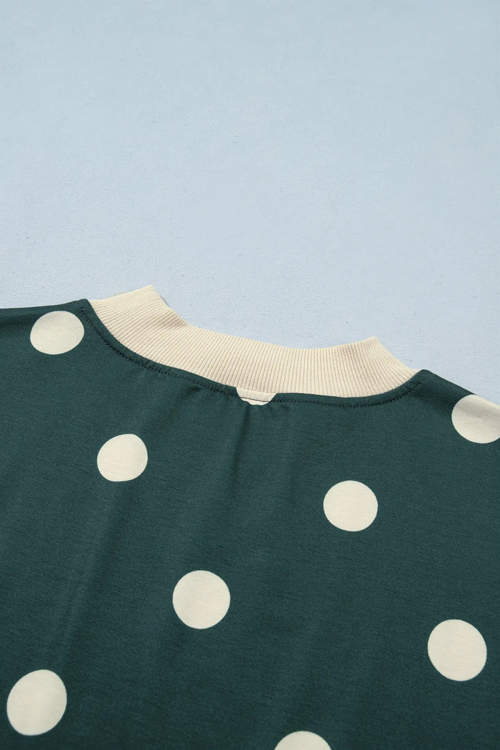 Polka Dot Print Color Block Trim Baggy Pullover Drawstring Skirt 2pcs Set – Green