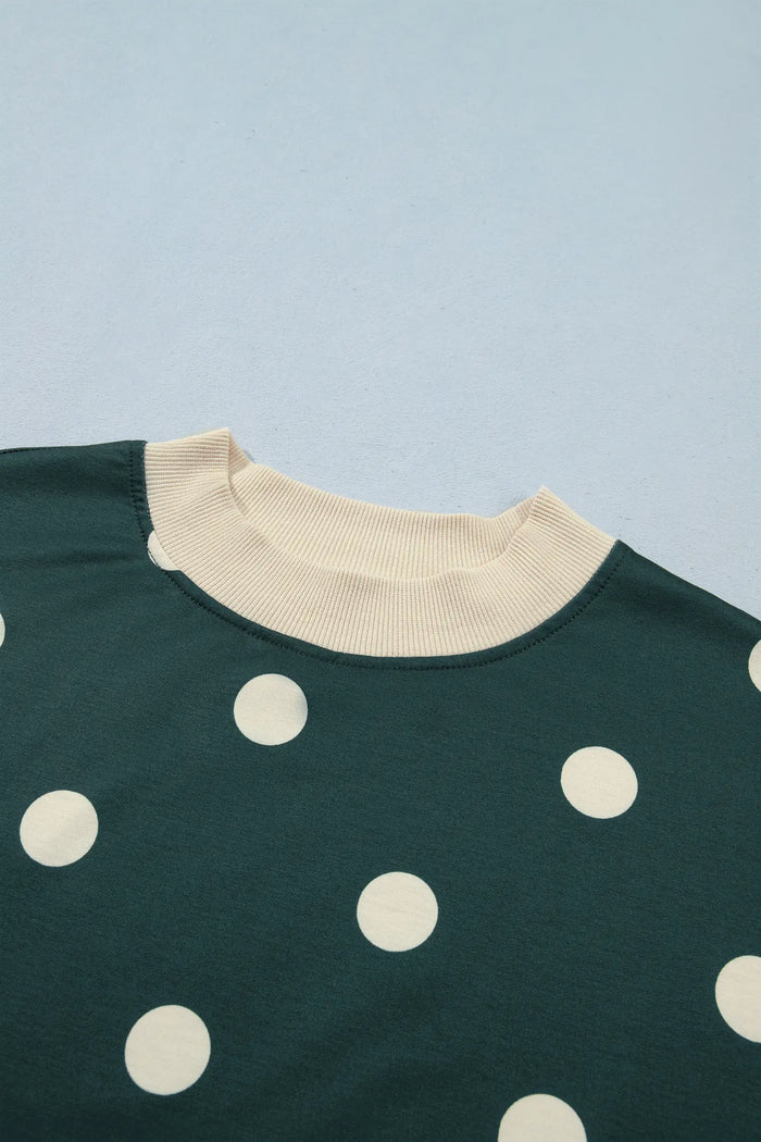 Polka Dot Print Color Block Trim Baggy Pullover Drawstring Skirt 2pcs Set – Green