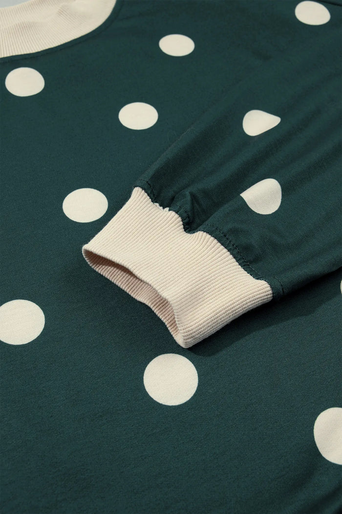 Polka Dot Print Color Block Trim Baggy Pullover Drawstring Skirt 2pcs Set – Green